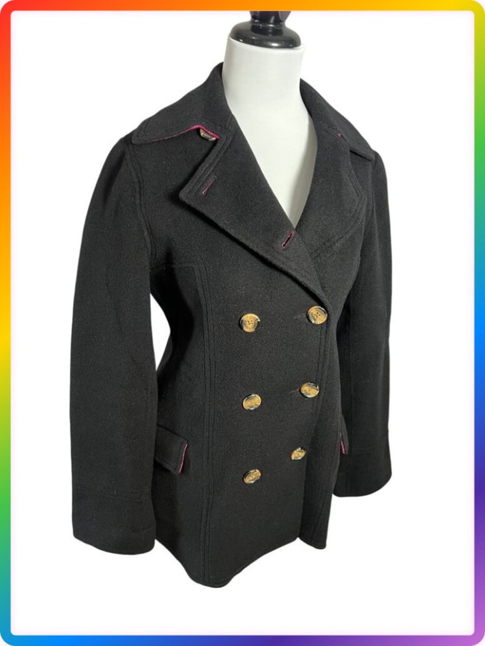 Lilly Pulitzer Black Wool Double Breasted Peacoat Pink Plaid Lining Size S Soft